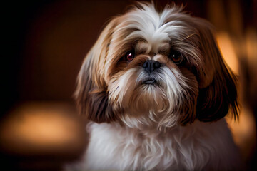 Canvas Print - Shih Tzu Dog On A Black Background.  Generative AI.