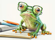 A green frog with glasses, with a smart expression, reading a book. Ideal for illustrating mascots and other designs with a white background. Generative AI
