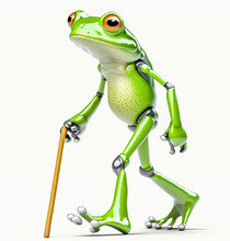 A Little Green Frog Moves Like A Human With A Cane, Creating A Touching And Interesting Image For Those Looking For An Original Image. Generative AI