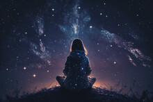 Woman Meditating In Front Of Night Sky, Symbolizing Harmony And Connectedness With The Universe - AI Generated