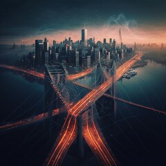 Poster - Concept of a modern city and a global communications network, generative ai