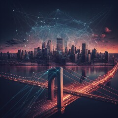 Poster - concept of cityscape and network connection, generative ai