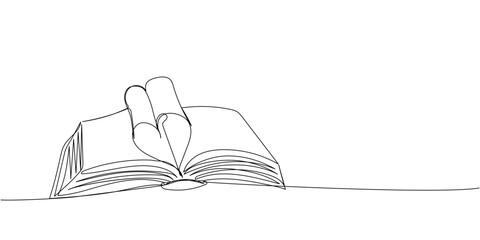 Open big book, heart-shaped pages, love story one line art. Continuous line drawing of book, library, education, school, study, literature, paper, textbook, knowledge, read, learn, page, reading.