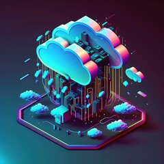 Poster - Cloud storage for downloading an isometric. A digital service or application with data transmission. Network computing technologies. Futuristic Server. Digital space, generative ai