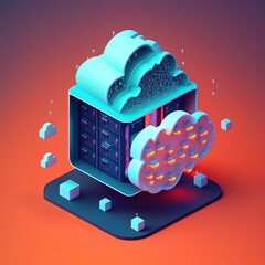 Canvas Print - data transfer cloud computing technology. In the center, there is a large, prominent cloud icon with internal connections, generative ai