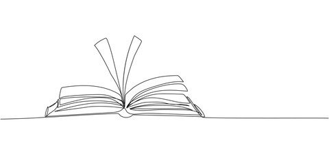 Open book Y shaped one line art. Continuous line drawing of book, library, education, school, study, literature, paper, textbook, knowledge, read, learn, page, reading.