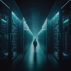 Poster - Corridor in Large Data Center Full of Walking and Working People, generative ai