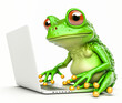 A cute green frog doing teletracking with a laptop. Adorable image for various uses. Generative AI