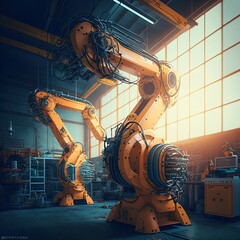 Poster - Automated Robot Arm Assembly Line Manufacturing Advanced High-Tech Green Energy Electric Vehicles. Construction , generative ai