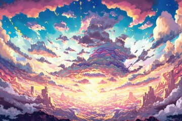 Wall Mural - Beautiful sky cloud and sunset view with digital art style, Sunset with beautiful glowing flare light, Colourful cloudy, Fantasy sky, Digital art style, Illustration painting, Generative AI. 