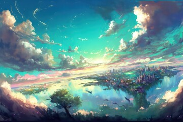 Wall Mural - Fantasy sky city, Fantasy sky castle, Fantasy sky town, Beautiful fantasy sky view, Beautiful gorgeous sky with sunset light, Digital art style, Illustration painting, Generative AI.