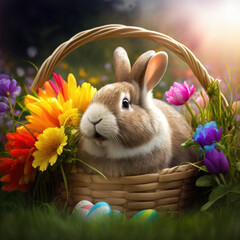 Easter rabbit in a basket with easter eggs and spring flowers background, Generative AI