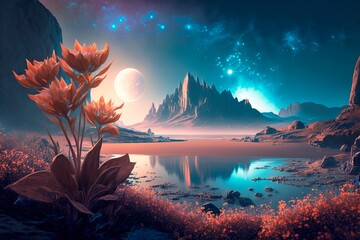 Stunning Night extraterrestrial scene. Huge mountains against Starry sky. Fantasy landscape. Alien planet. Generative AI illustration.