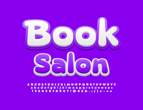 Vector creative Emblem Book Salon. White and Violet 3D Font. Bright Alphabet Letters, Numbers and Symbols.