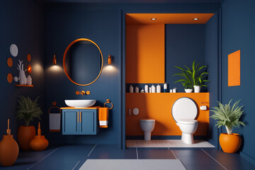 Wall Mural - Modern orange Bathroom interior design on dark blue wall.  Idea for interior design. AI