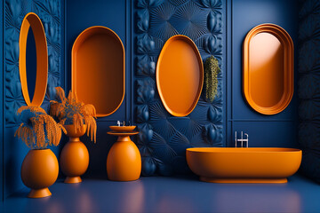 Wall Mural - Modern orange Bathroom interior design on dark blue wall.  Idea for interior design. AI