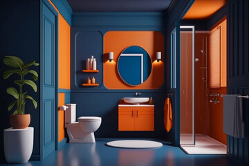 Wall Mural - Modern orange Bathroom interior design on dark blue wall.  Idea for interior design. AI