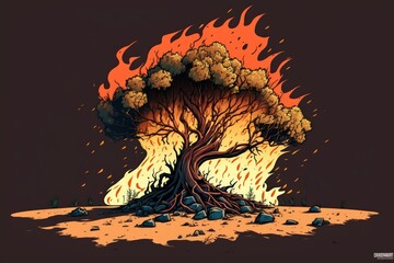 Poster - A tree devoured by flames. Fires in Italy, Sicily, Sardinia. Greece. Turkey. Climate change. Enviromental. Generative AI