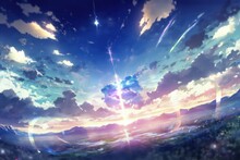 Anime Sky Art Wallpaper Background. Fantasy Sky With Beautiful Star Falls, Star Falls With Beautiful Flares, Starry Night, Beautiful Starry Night With Sky View, Digital Art Style, Generative AI. 
