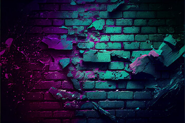 Broken brick wall texture purple magenta and teal green neon colours background. High quality ai generated illustration.