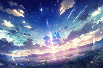 Anime sky art wallpaper background. Fantasy sky with beautiful star falls, Star falls with beautiful flares, Starry night, Beautiful starry night with sky view, Digital art style, Generative AI. 