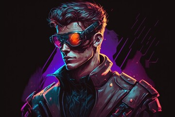 Sticker - A cyberpunk styled portrait of a man wearing a cyber suit. a futuristic technologist male. cyberpunk and the idea of virtual reality. Generative AI