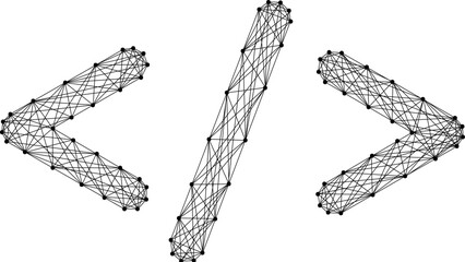 Web coding development concept, angle brackets and slash, from abstract futuristic polygonal black lines and dots. Low poly concept. Vector illustration.