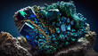 Azurite crystal. Rough mineral in nature. Close up photography created with Generative AI