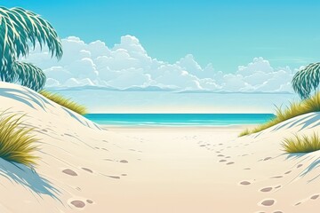 Wall Mural - Background of an empty tropical beach. Sky and white sand on the horizon. Generative AI