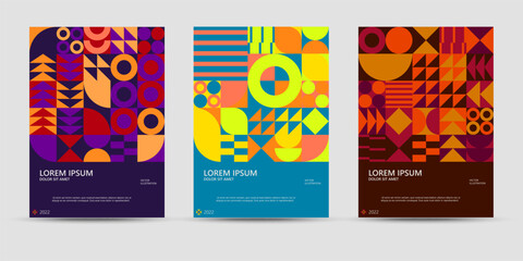 Wall Mural - Abstract geometric posters. Bauhaus geometric backgrouns, vector circle, triangle, and square lines color art design. Contemporary vertical mosaic banners vector trendy set