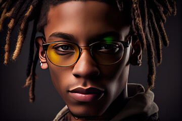 close up portrait of young man wearing sunglasses and dreadlocks isolated on dark background with copy space. Wide angle format banner. Generative AI