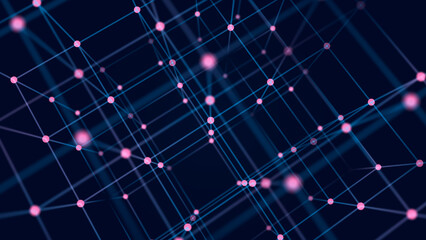 Fototapete - Digital blockchain concept. Data storage in separate cells. Abstract background with dots and connection lines. 3D