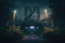 Abandoned Amusement Park In Destroyed Post Apocalyptic World. City ​​catastrophe Landscape Background