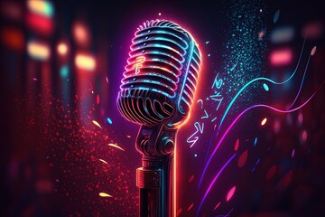 Microphone and neon lights, abstract glowing background, digital illustration, Generative AI