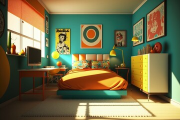 Bedroom interior in pop art style, retro 1970s colors, digital illustration, Generative AI