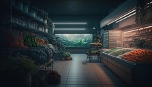 Abandoned Supermarket Interior In Destroyed World After An Apocalypse, Realistic Illustration, Generative AI