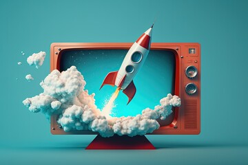 Wall Mural - Rocket coming out of old TV, blue background, digital illustration, Generative AI