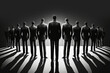 group of identical men. Minimal individuality, leadership or think different idea, AI generative