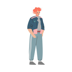 Sticker - Teenage boy in 80s fashionable street style outfit. Guy in trendy oversize clothing of 80s cartoon vector illustration