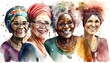 group of multi-ethno women, portrait, age diversity, wisdom, concept, people art, watercolor illustration. Generative AI