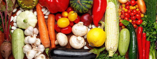 Wall Mural - Wide background of farm organic vegetables.