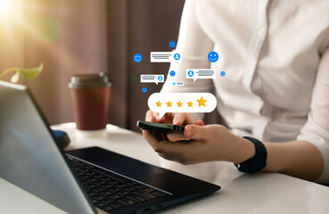 Fototapete - Concept of satisfaction, quality and performance. Woman who gives leave feedback on the bought product with gold five star rating feedback on virtual sreen. Customer review satisfaction feedback.