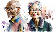 Happy Elderly Couple, Multicultural, Multi-ethno, Watercolor, Illustration, People Art. Generative AI