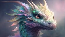  A Close Up Of A Dragon's Head With A Blue And Green Dragon Like Design On It's Head And A Green And White Dragon Like Pattern On Its Body.  Generative Ai