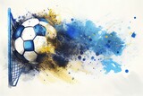 Fototapeta  -  watercolor drawing of a soccer ball on paper with blue and gold paints Generative AI