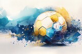 Fototapeta  -  watercolor drawing of a soccer ball on paper with blue and gold paints Generative AI
