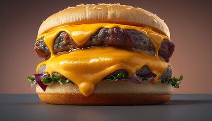  a cheeseburger with meat, cheese, and lettuce on a bun with a side of ketchup on a table.  generative ai