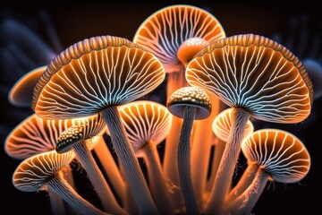 Canvas Print - Beautiful bunch mushrooms up close and in reverse. Macro Photographie The Variable Oysterling is seen. Generative AI