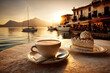 © Yeti Studio - Cup of coffee and delicious dessert on blurred background of evening Greek seascape. Based on Generative AI