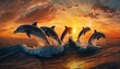  three dolphins jumping out of the water at sunset with a setting sun in the sky behind them and clouds in the sky above them,.  generative ai